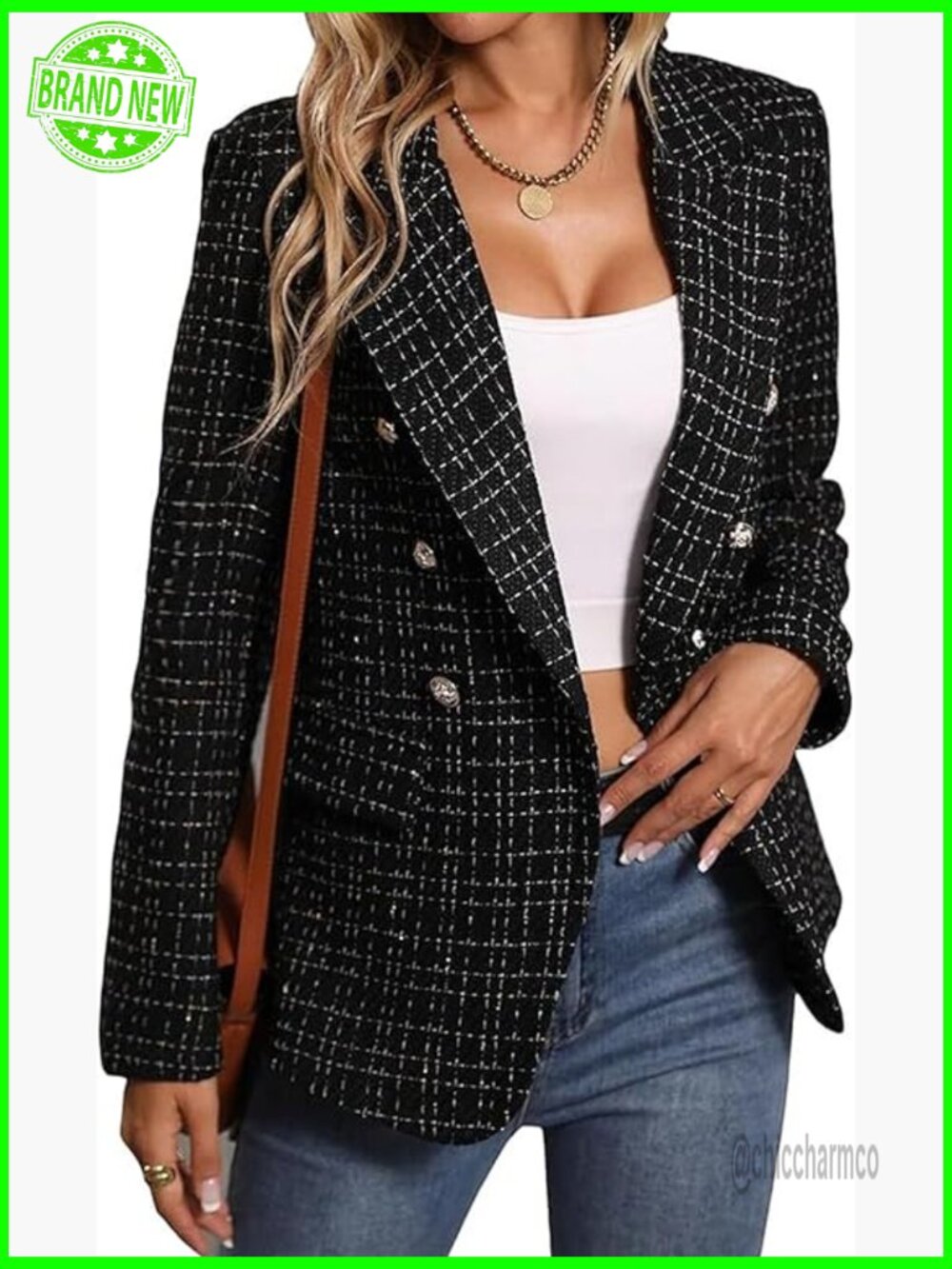 Plaid Tweed Blazer Jacket Fall Winter Office Business Elegant Lined Suit Coat - Picture 1 of 5